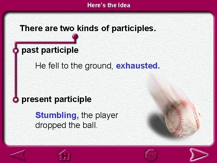Here’s the Idea There are two kinds of participles. past participle He fell to