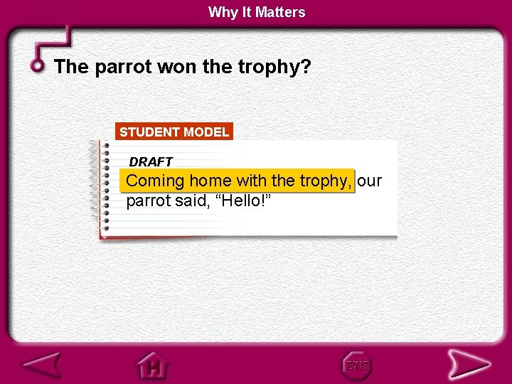 Why It Matters The parrot won the trophy? STUDENT MODEL DRAFT Coming home with