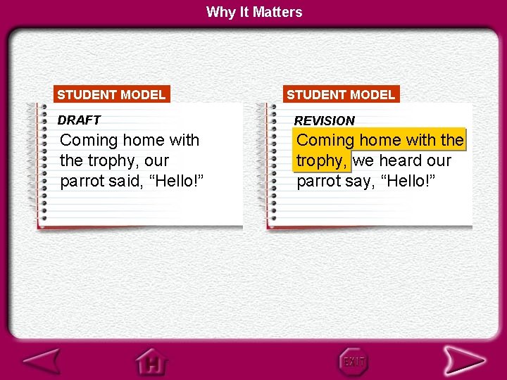 Why It Matters STUDENT MODEL DRAFT REVISION Coming home with the trophy, our parrot