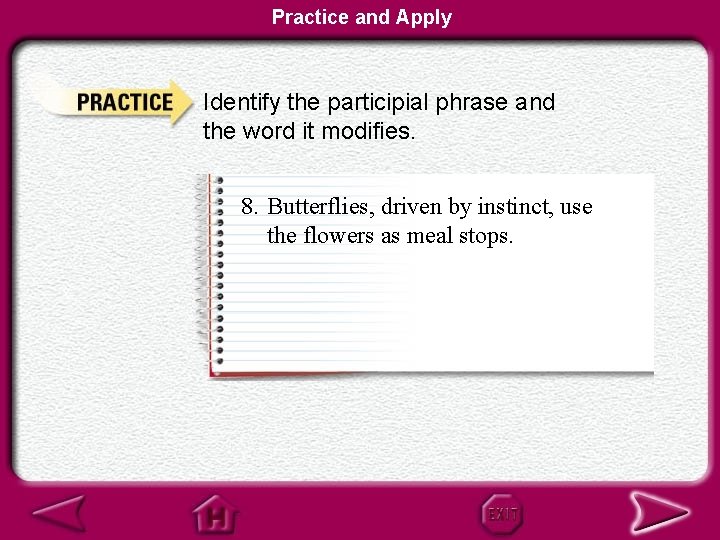 Practice and Apply Identify the participial phrase and the word it modifies. 8. Butterflies,