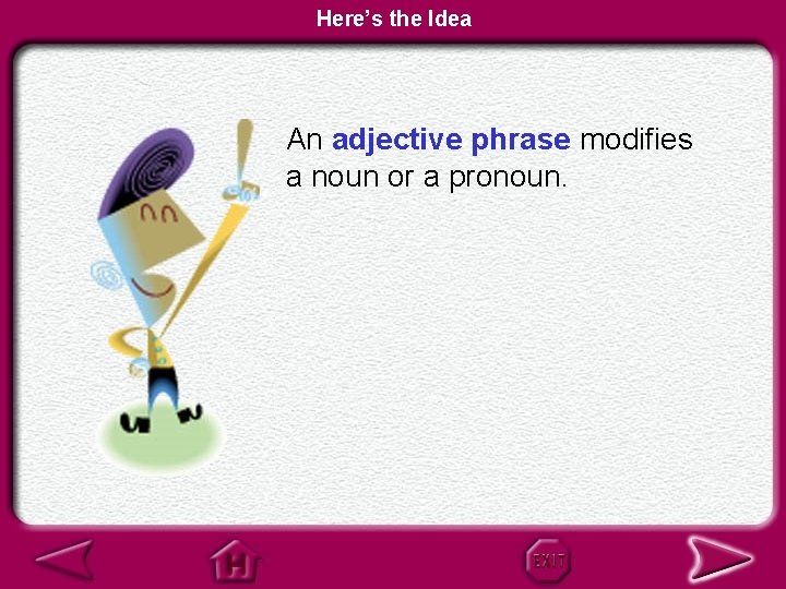 Here’s the Idea An adjective phrase modifies a noun or a pronoun. 