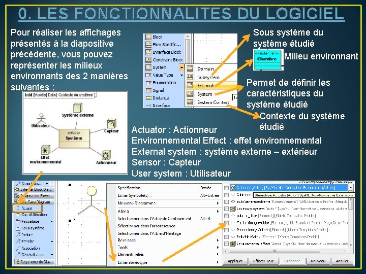 0. LES FONCTIONNALITES DU LOGICIEL Pour réaliser les affichages présentés à la diapositive précédente,