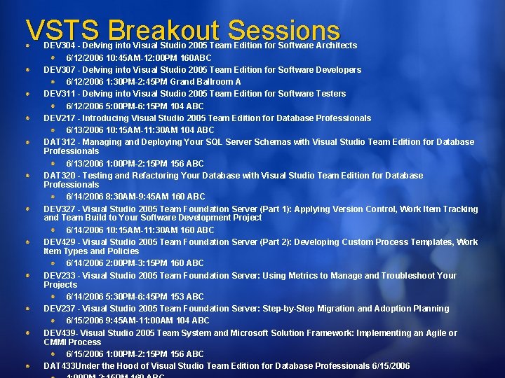 VSTS Breakout Sessions DEV 304 - Delving into Visual Studio 2005 Team Edition for