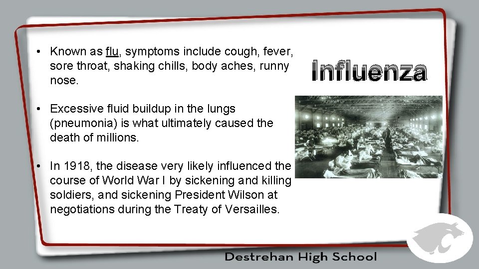  • Known as flu, symptoms include cough, fever, sore throat, shaking chills, body