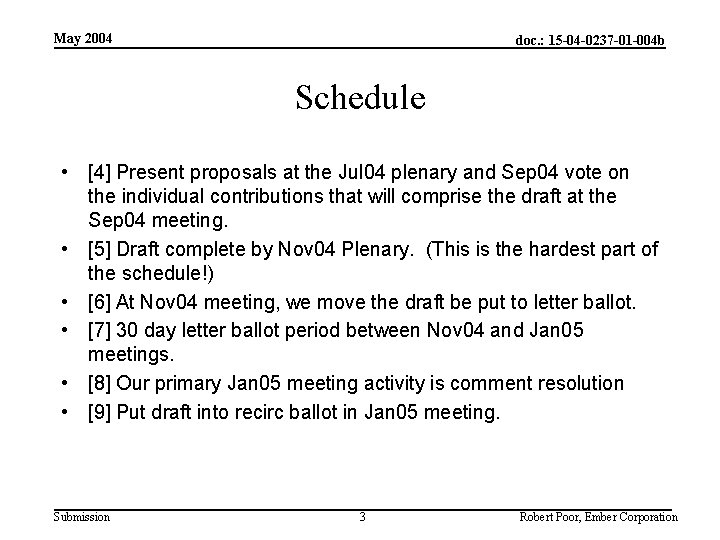 May 2004 doc. : 15 -04 -0237 -01 -004 b Schedule • [4] Present