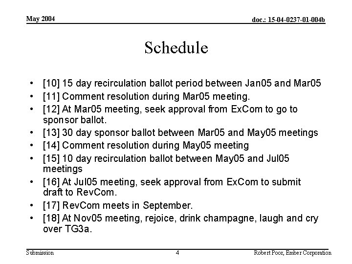 May 2004 doc. : 15 -04 -0237 -01 -004 b Schedule • [10] 15