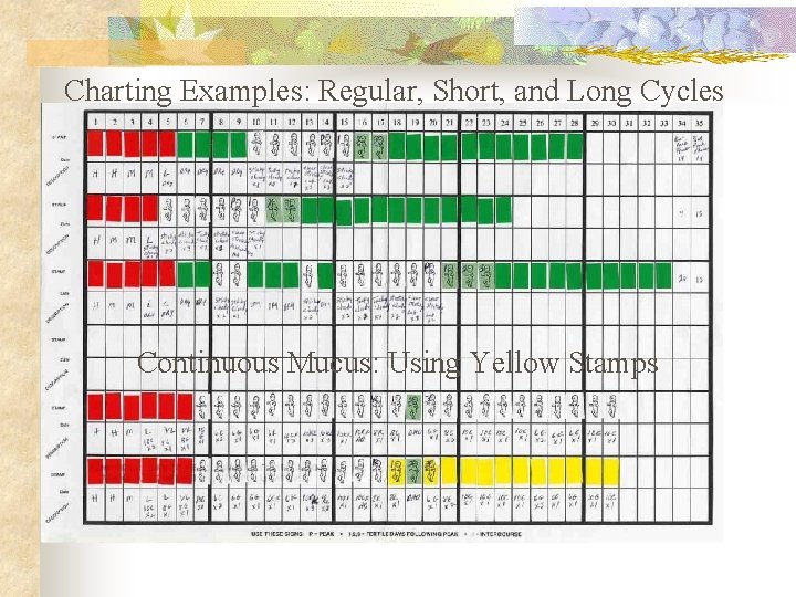 Charting Examples: Regular, Short, and Long Cycles Continuous Mucus: Using Yellow Stamps 