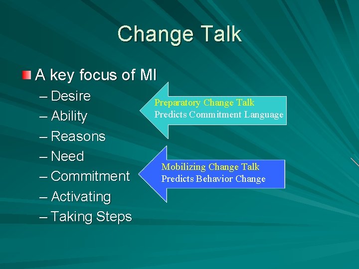 Change Talk A key focus of MI – Desire – Ability – Reasons –