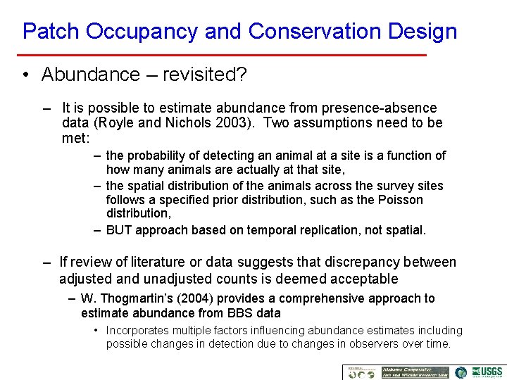 Patch Occupancy Model Conservation Design for Sustainable Avian Populations Modeling species