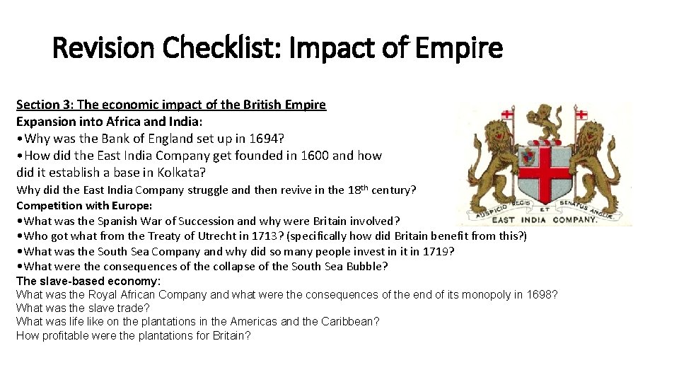 Revision Checklist: Impact of Empire Section 3: The economic impact of the British Empire