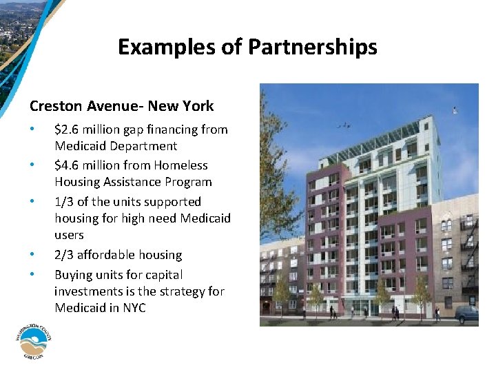 Examples of Partnerships Creston Avenue- New York • • • $2. 6 million gap