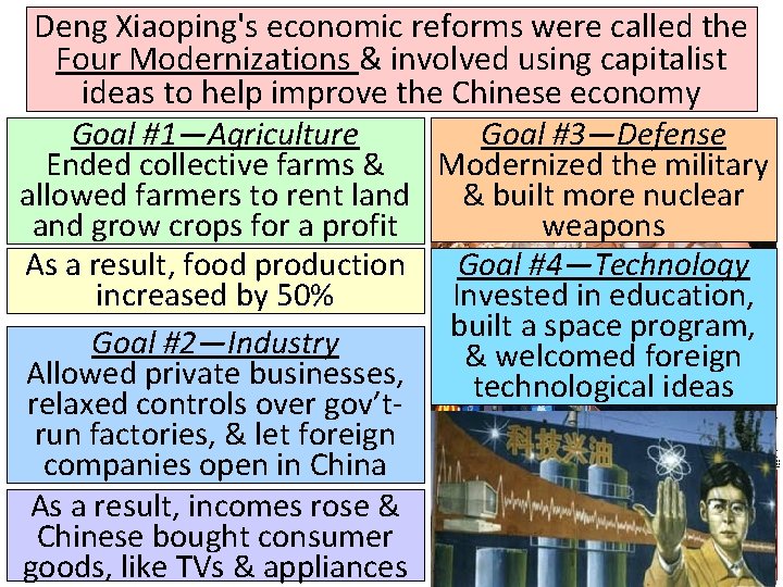 Deng Xiaoping's economic reforms were called the Four Modernizations & involved using capitalist ideas