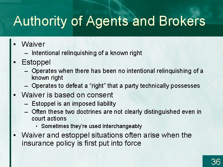 Authority of Agents and Brokers • Waiver – Intentional relinquishing of a known right