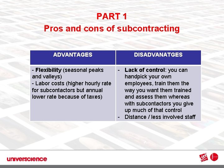 PART 1 Pros and cons of subcontracting 3 ADVANTAGES - Flexibility (seasonal peaks and