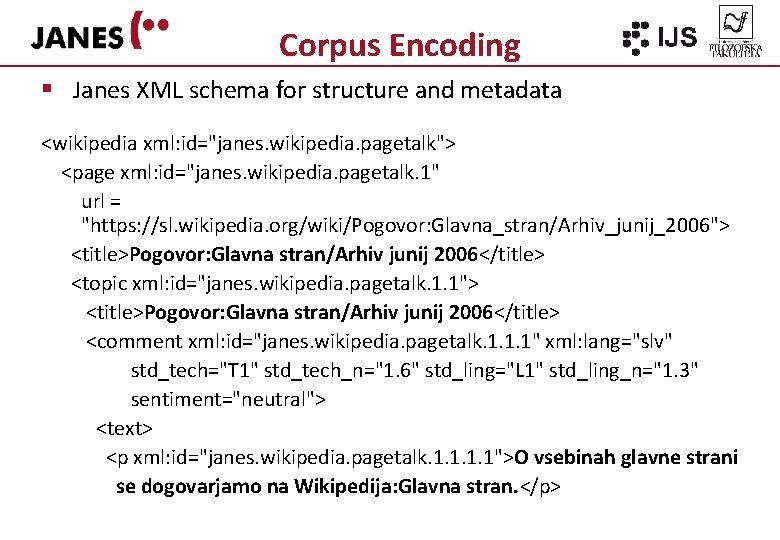 Corpus Encoding § Janes XML schema for structure and metadata <wikipedia xml: id="janes. wikipedia.