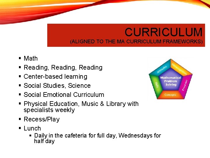CURRICULUM (ALIGNED TO THE MA CURRICULUM FRAMEWORKS) § § § Math Reading, Reading Center-based