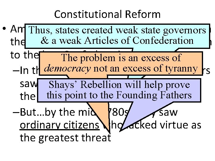 Constitutional Reform • American political ideology changed from Thus, states created weak state governors