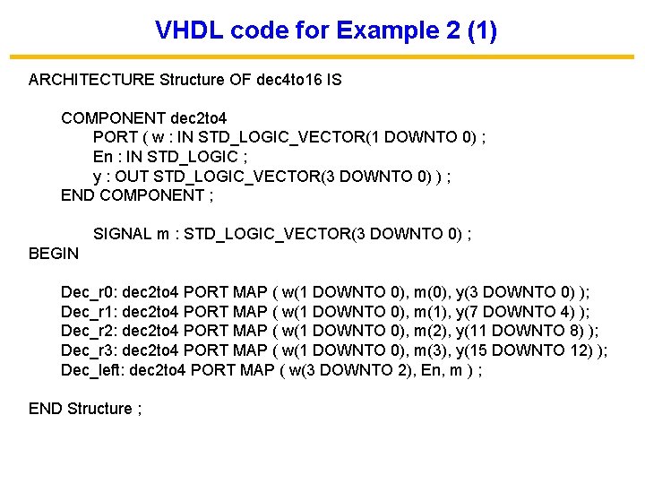 VHDL code for Example 2 (1) ARCHITECTURE Structure OF dec 4 to 16 IS