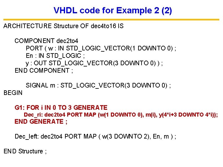 VHDL code for Example 2 (2) ARCHITECTURE Structure OF dec 4 to 16 IS