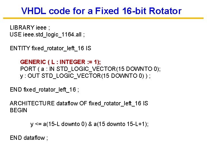 VHDL code for a Fixed 16 -bit Rotator LIBRARY ieee ; USE ieee. std_logic_1164.