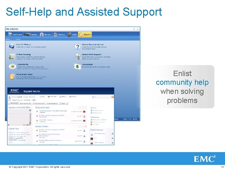 Self-Help and Assisted Support Enlist community help when solving problems © Copyright 2011 EMC