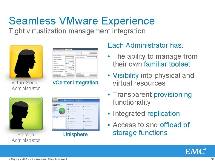 Seamless VMware Experience Tight virtualization management integration Each Administrator has: • The ability to