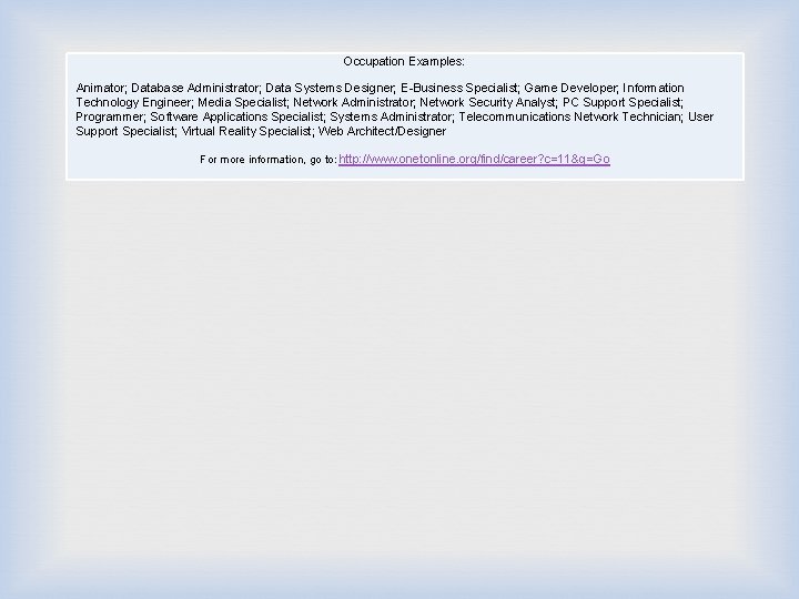 Occupation Examples: Animator; Database Administrator; Data Systems Designer; E-Business Specialist; Game Developer; Information Technology