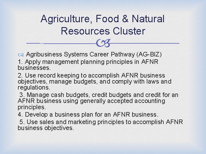 Agriculture, Food & Natural Resources Cluster Agribusiness Systems Career Pathway (AG-BIZ) 1. Apply management