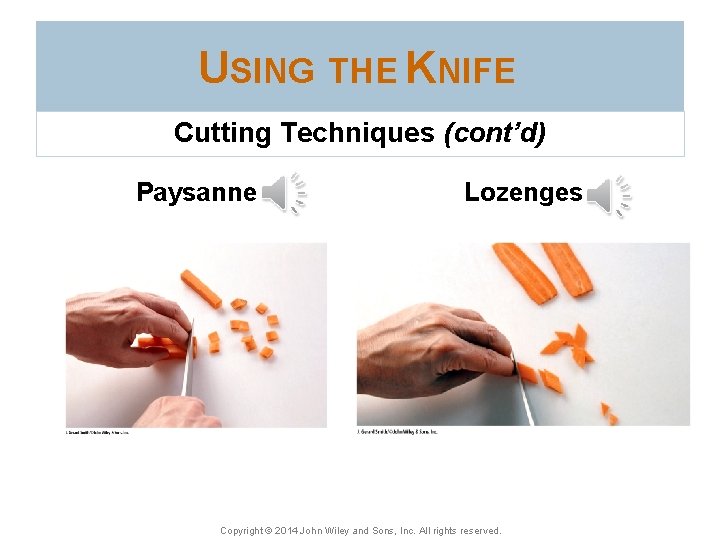 USING THE KNIFE Cutting Techniques (cont’d) Paysanne Lozenges Copyright © 2014 John Wiley and