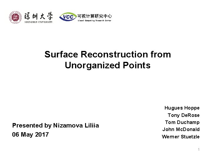 Surface Reconstruction from Unorganized Points Presented by Nizamova Liliia 06 May 2017 Hugues Hoppe