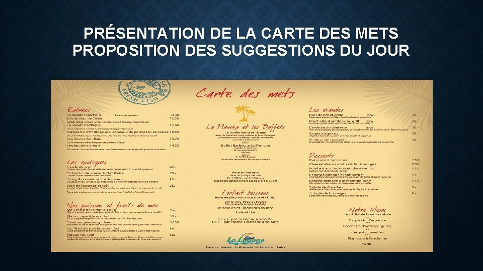 PRÉSENTATION DE LA CARTE DES METS PROPOSITION DES SUGGESTIONS DU JOUR 