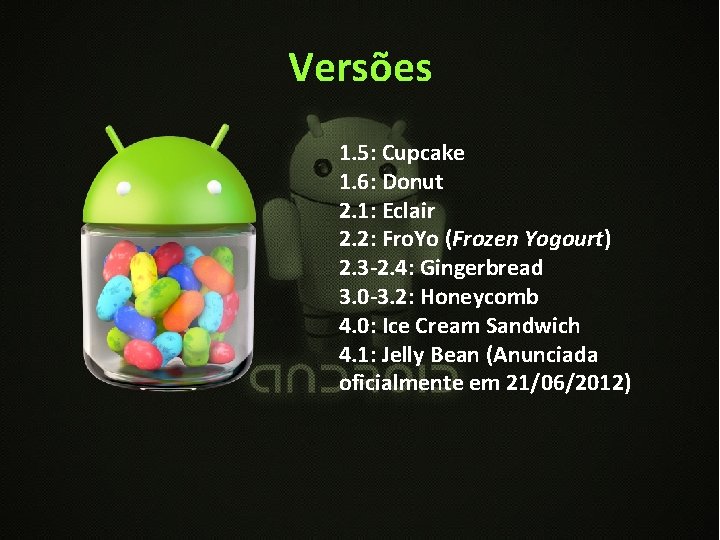 Versões 1. 5: Cupcake 1. 6: Donut 2. 1: Eclair 2. 2: Fro. Yo