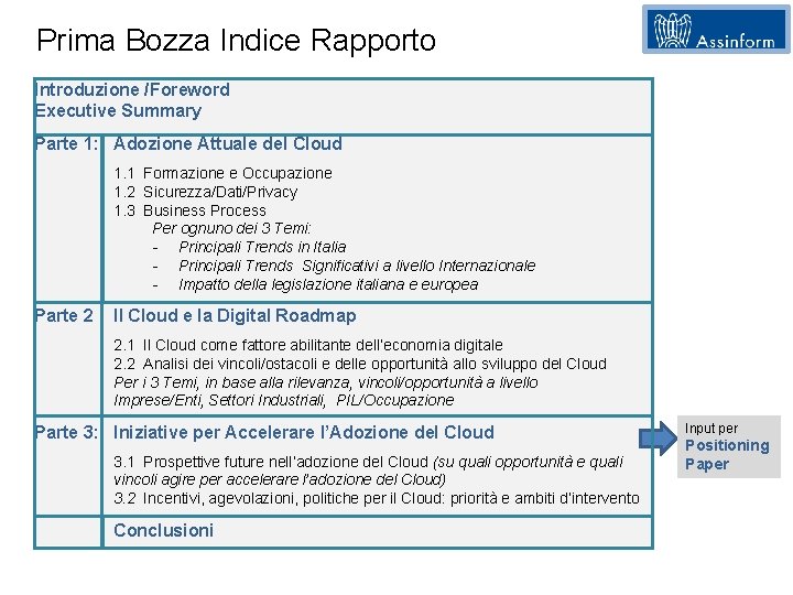 Prima Bozza Indice Rapporto Introduzione /Foreword Executive Summary Parte 1: Adozione Attuale del Cloud