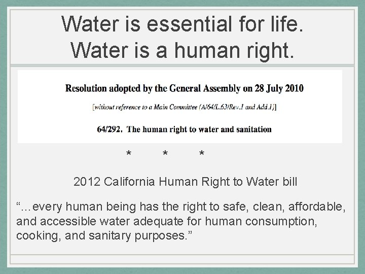 Water is essential for life. Water is a human right. * * * 2012