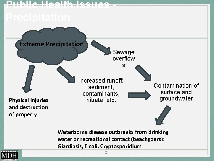 Public Health Issues Precipitation Extreme Precipitation Sewage overflow s Physical injuries and destruction of