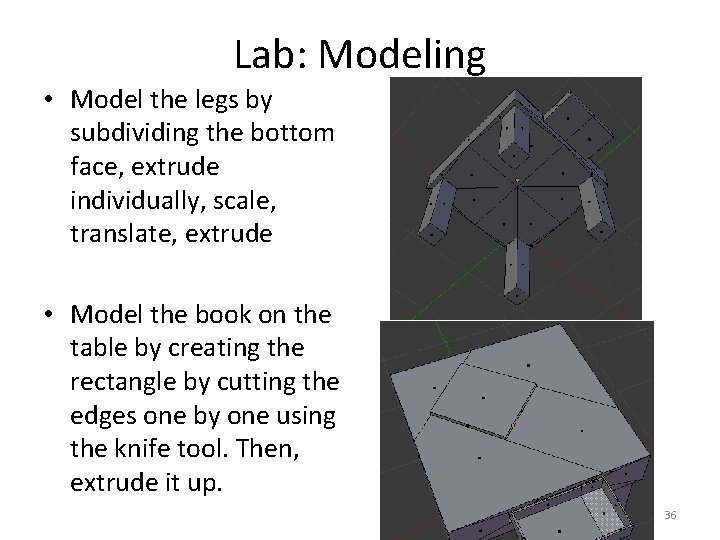 Lab: Modeling • Model the legs by subdividing the bottom face, extrude individually, scale,