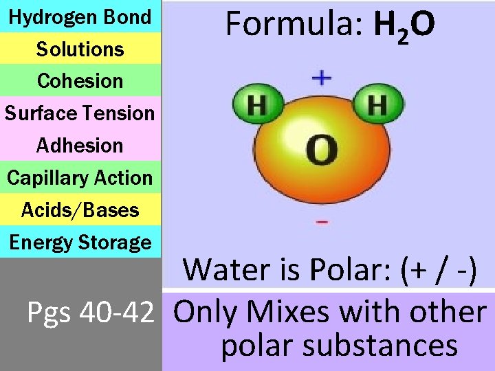 Hydrogen Bond Solutions Cohesion Surface Tension Adhesion Capillary Action Acids/Bases Energy Storage Formula: H