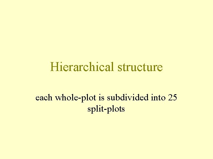 Hierarchical structure each whole-plot is subdivided into 25 split-plots 