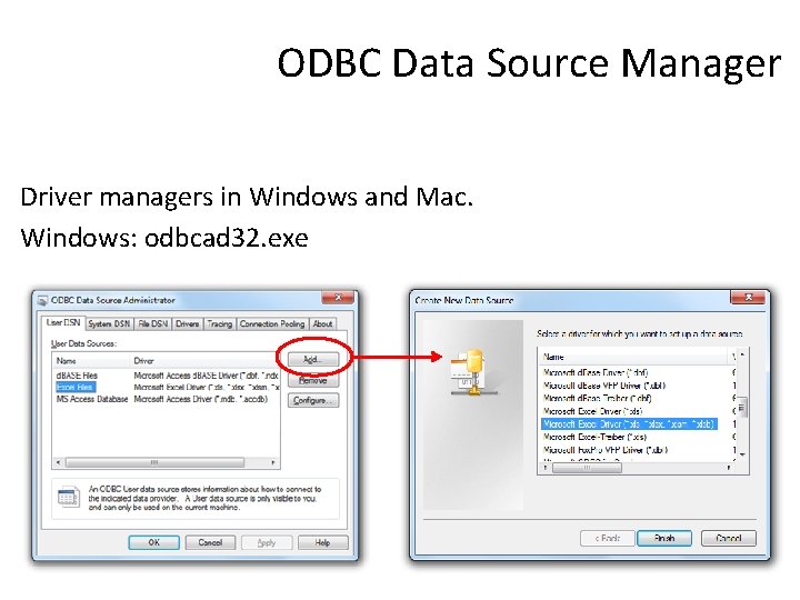 ODBC Data Source Manager Driver managers in Windows and Mac. Windows: odbcad 32. exe