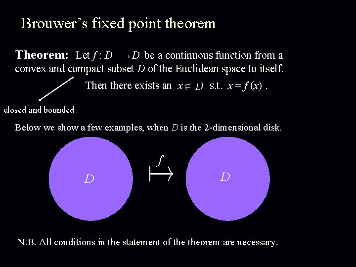 Brouwer’s fixed point theorem Theorem: Let f : D D be a continuous function