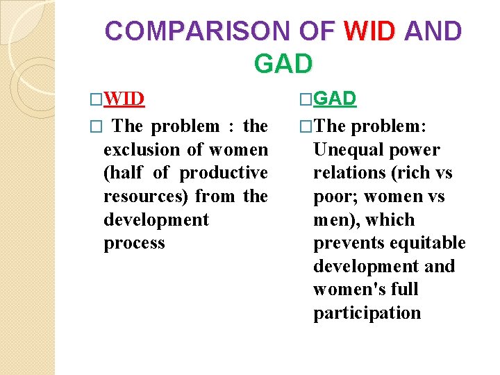 COMPARISON OF WID AND GAD �WID The problem : the exclusion of women (half