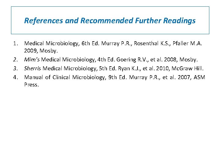 References and Recommended Further Readings 1. Medical Microbiology, 6 th Ed. Murray P. R.