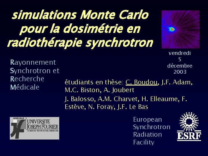 simulations Monte Carlo pour la dosimétrie en radiothérapie synchrotron vendredi 5 décembre 2003 Rayonnement