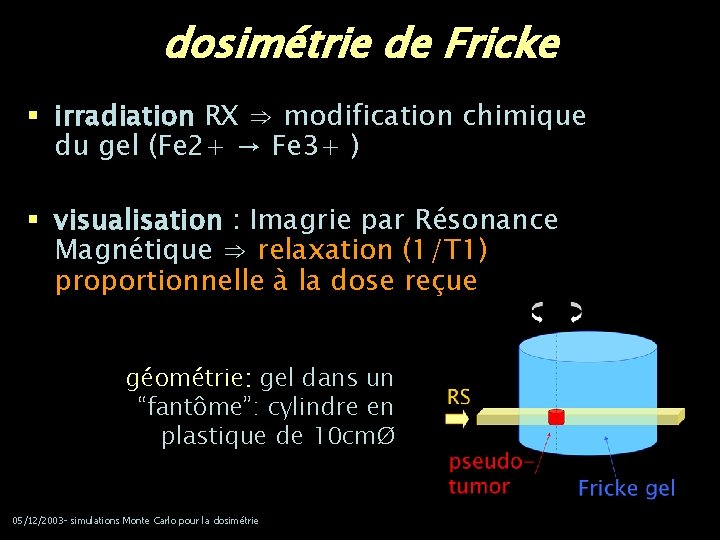 dosimétrie de Fricke § irradiation RX ⇒ modification chimique du gel (Fe 2+ →