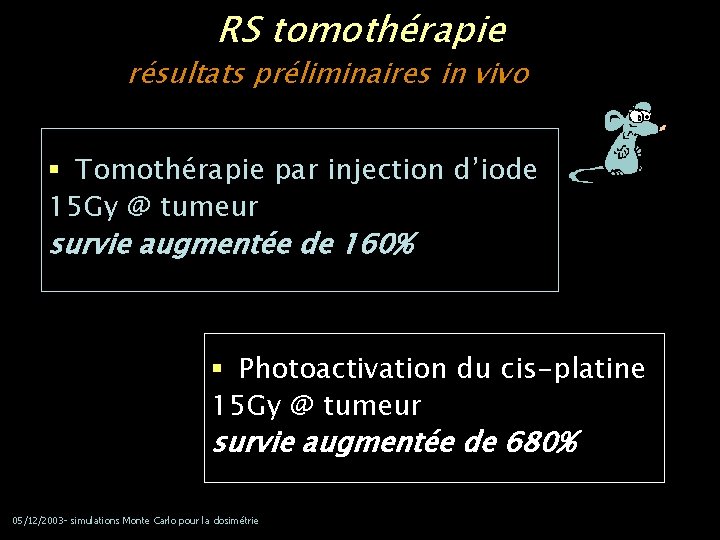 RS tomothérapie résultats préliminaires in vivo § Tomothérapie par injection d’iode 15 Gy @