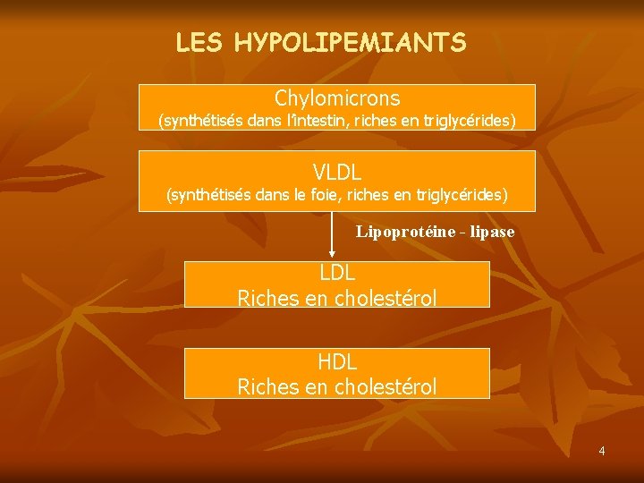 LES HYPOLIPEMIANTS Chylomicrons (synthétisés dans l’intestin, riches en triglycérides) VLDL (synthétisés dans le foie,