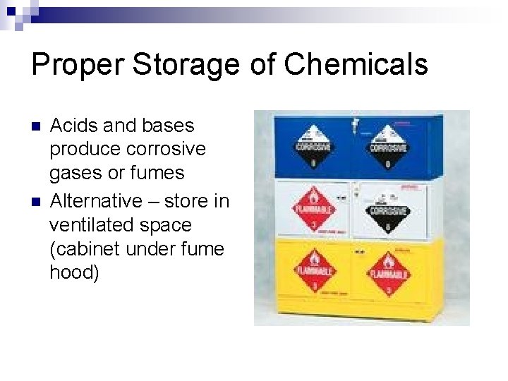 Proper Storage of Chemicals n n Acids and bases produce corrosive gases or fumes