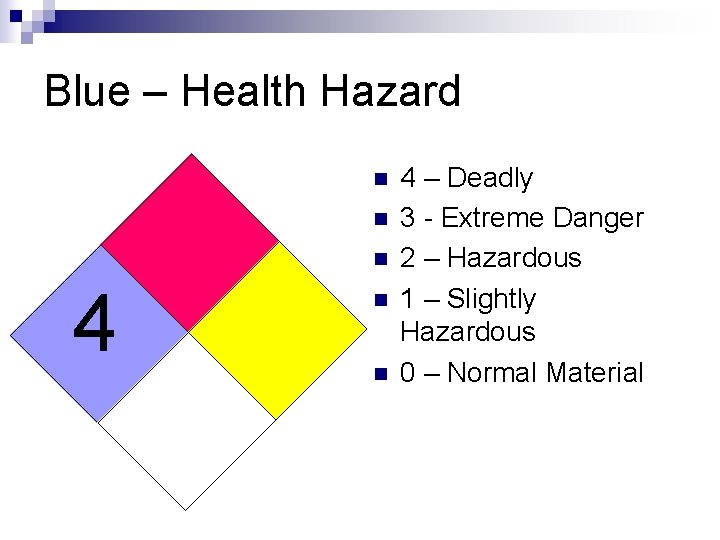 Blue – Health Hazard n n n 4 – Deadly 3 - Extreme Danger