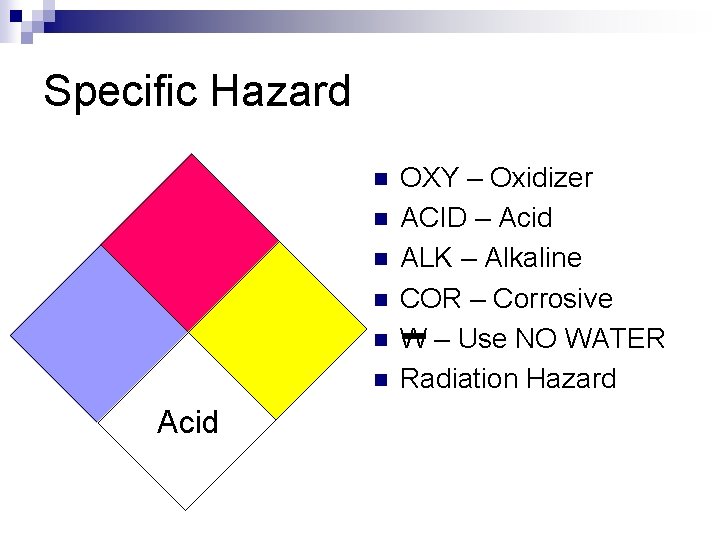 Specific Hazard n n n Acid OXY – Oxidizer ACID – Acid ALK –