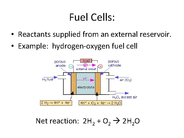 Fuel Cells: • Reactants supplied from an external reservoir. • Example: hydrogen-oxygen fuel cell